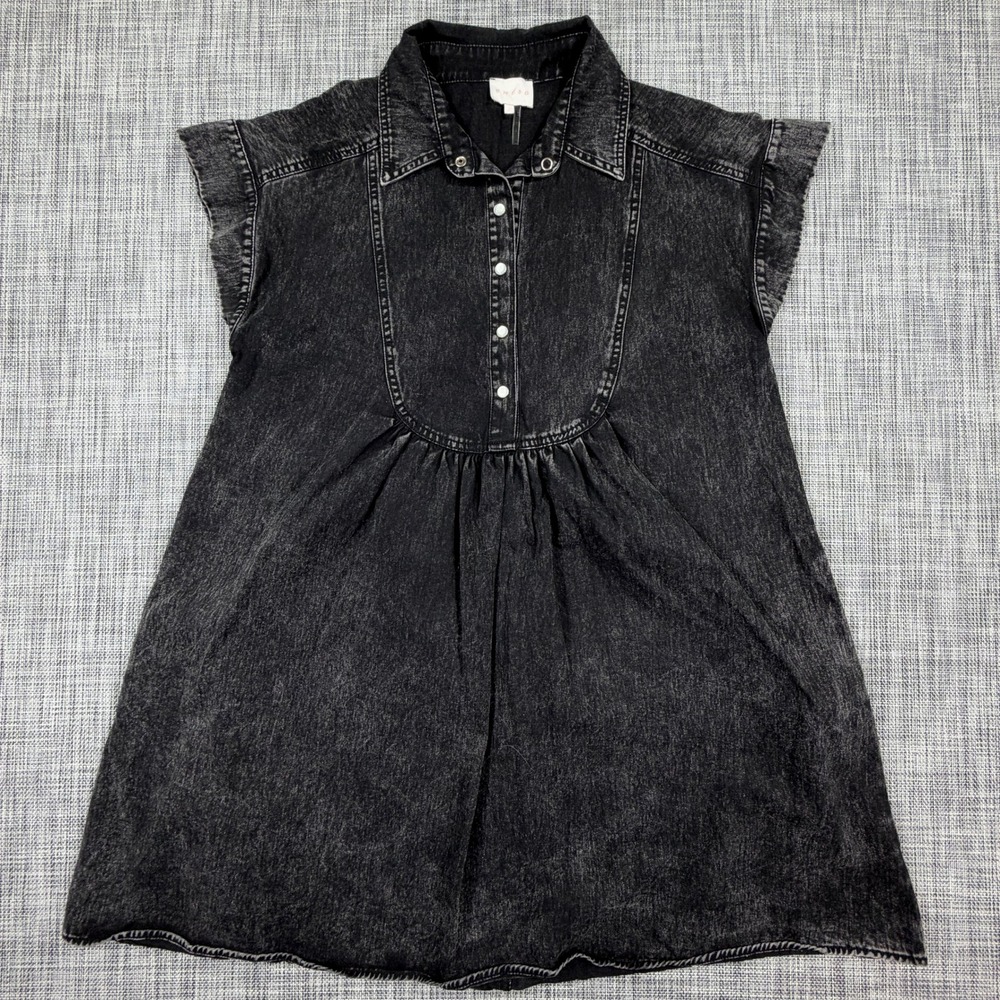 Entro Women's Denim Dress Black Small Cotton Collared Ruffle Cap Sleeve Mini